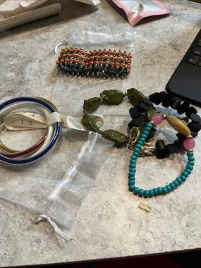 Mixed Color Beaded and Bangle Bracelet Set - Turquoise, Olive, Black, Pink